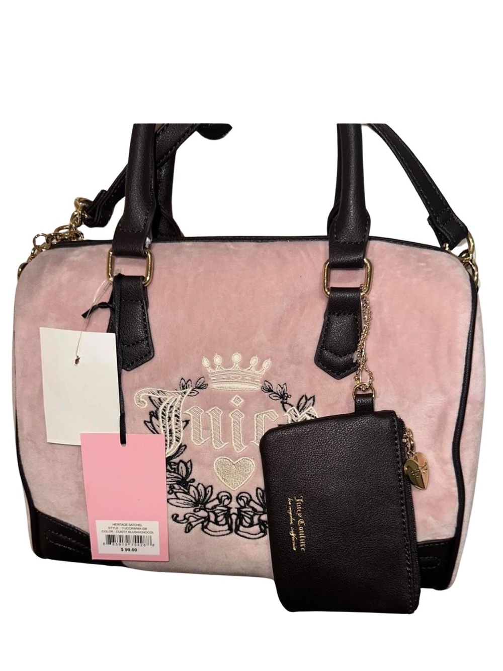 Juicy Couture Pink Plush Satchel with Black Accents and Gold Hardware